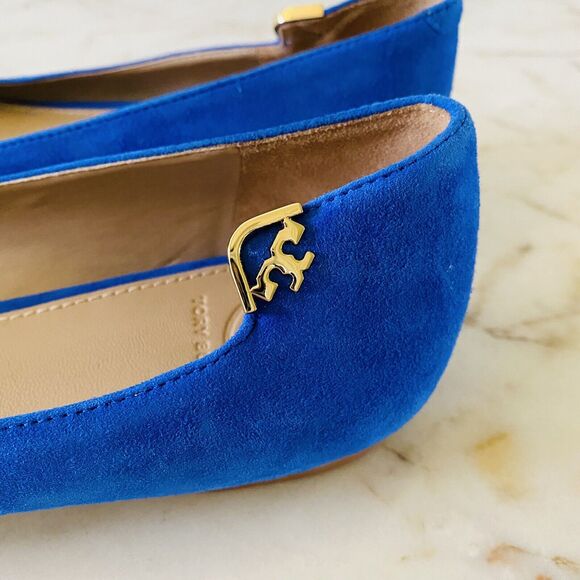TORY BURCH Solid Blue Suede Leather Flats Gold Side Logo - US 7 - Picture 7 of 11